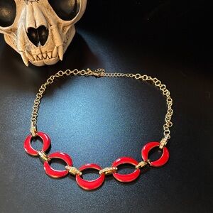 Vintage 90’s 18-21” Red Enamel & Goldtone Necklace With Rhinestones